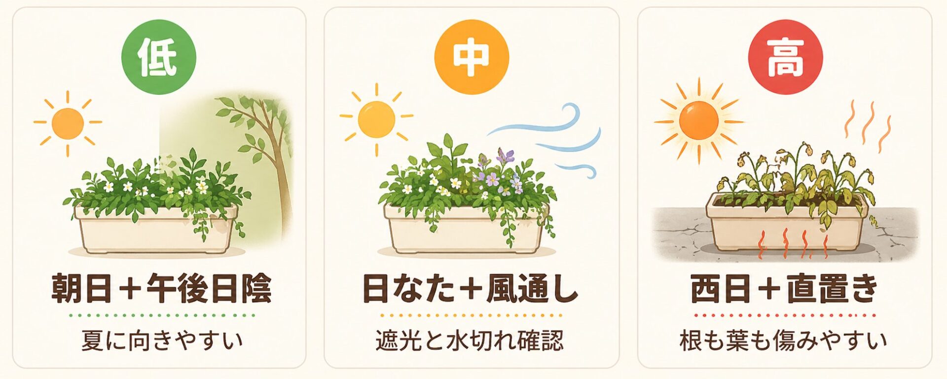 プランターの置き場所別に暑さ危険度を示した図解。朝日と午後日陰、日なたと風通し、西日と直置きの違いを説明。