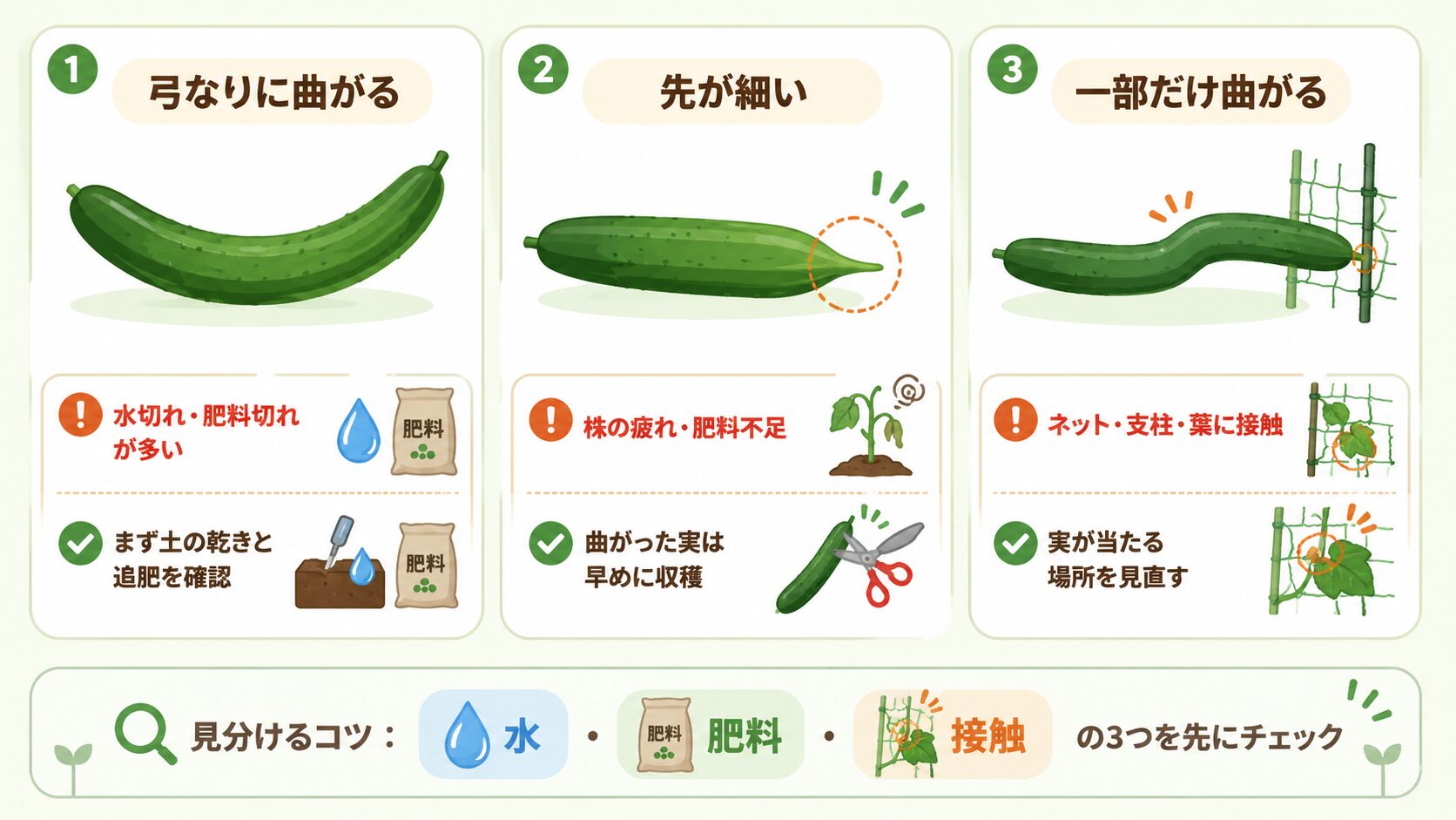 きゅうりの曲がり方別に原因を見分ける図解