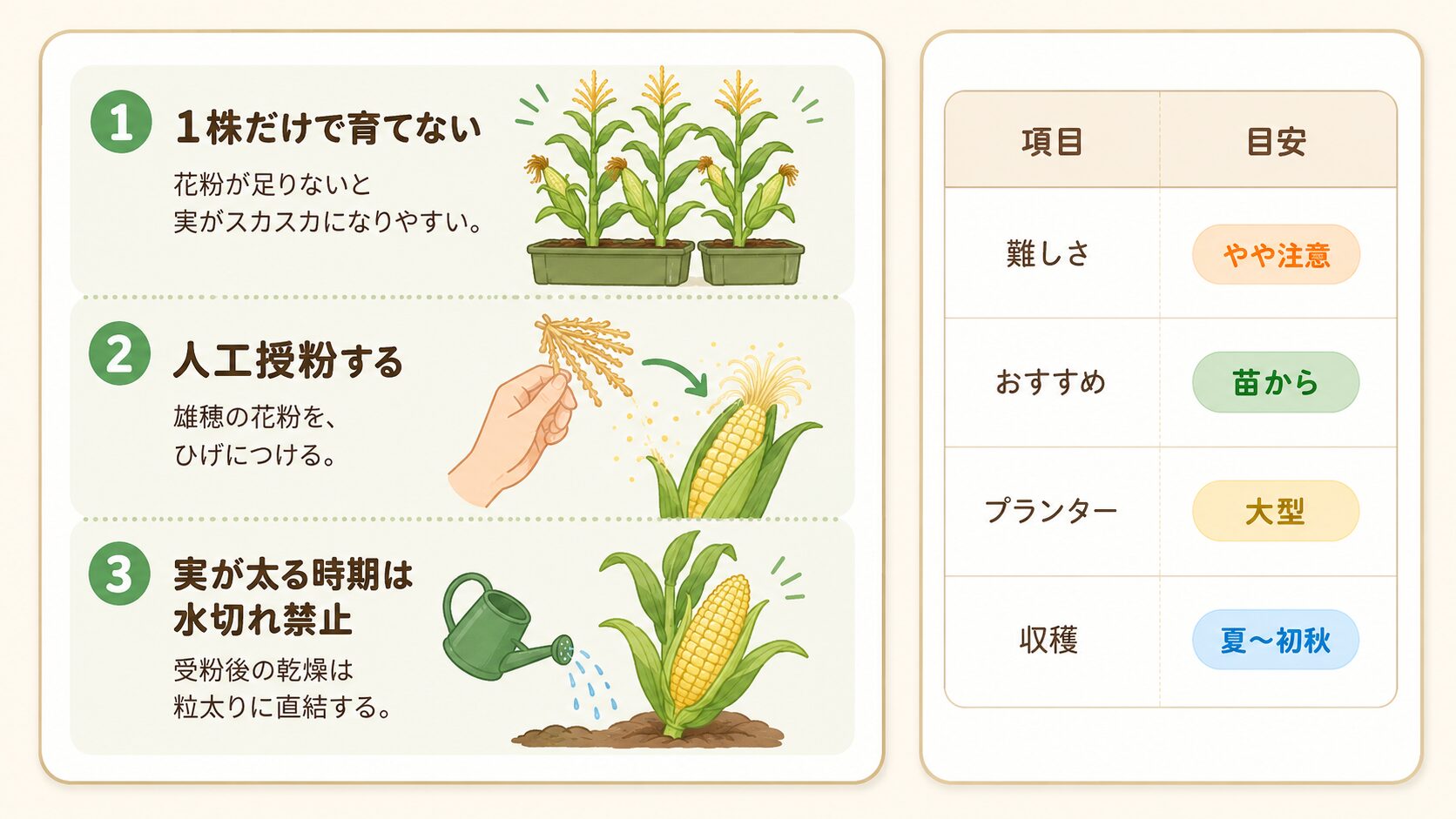 とうもろこしをプランターで育てる成功ルールの図解