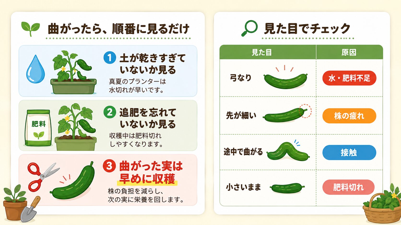 曲がったきゅうりの原因と対策を初心者向けにまとめた図解