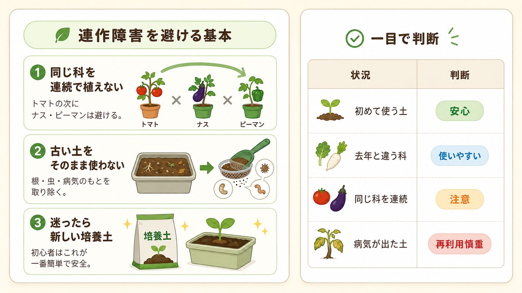 連作障害を避ける基本と同じ土を使えるかの判断を初心者向けにまとめた図解
