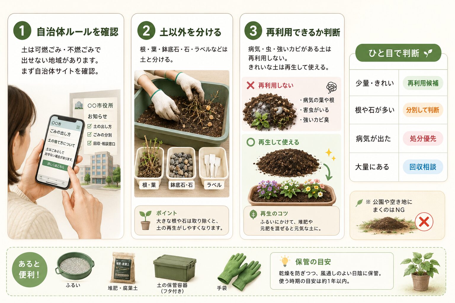 古い土の捨て方を自治体確認・分別・再利用判断の3ステップで示した図解