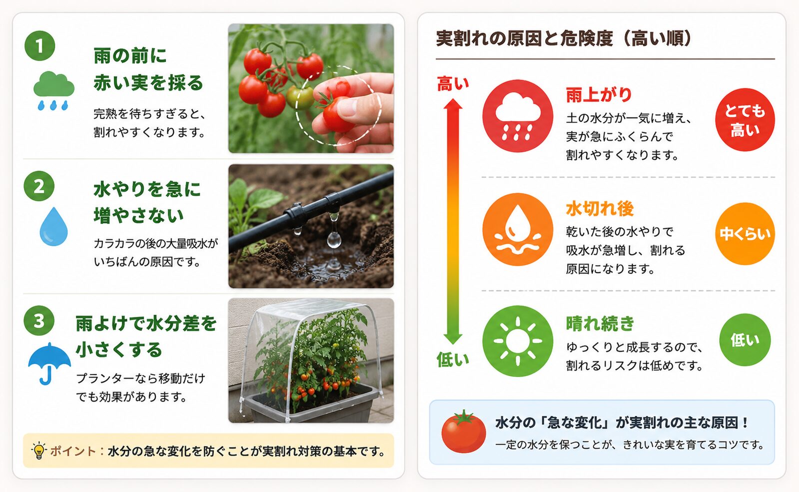ミニトマトの実割れを減らす3つの対策と危険度の図解