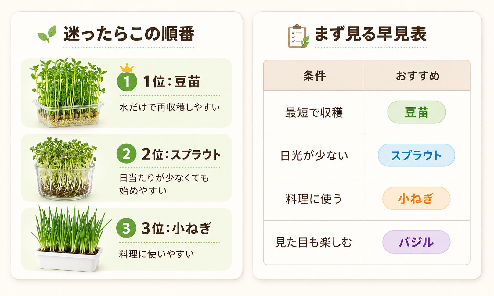 室内菜園初心者におすすめの豆苗・スプラウト・小ねぎを比較した図解