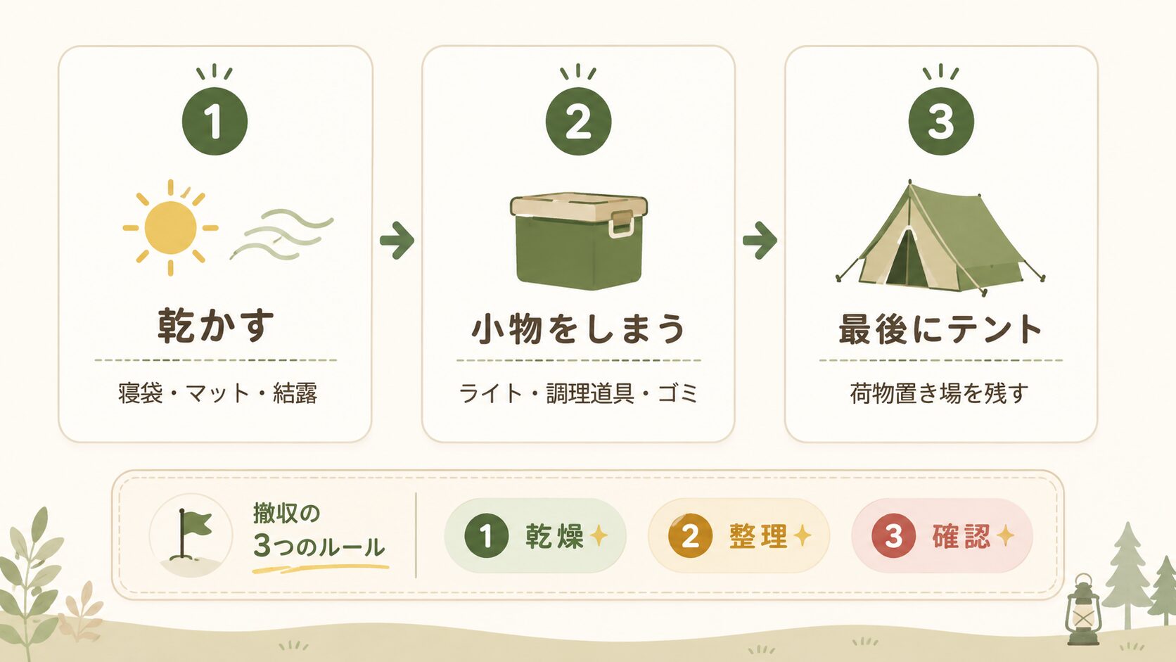 キャンプ撤収の基本手順。1乾かす、2小物をしまう、3最後にテントの順番を示した図