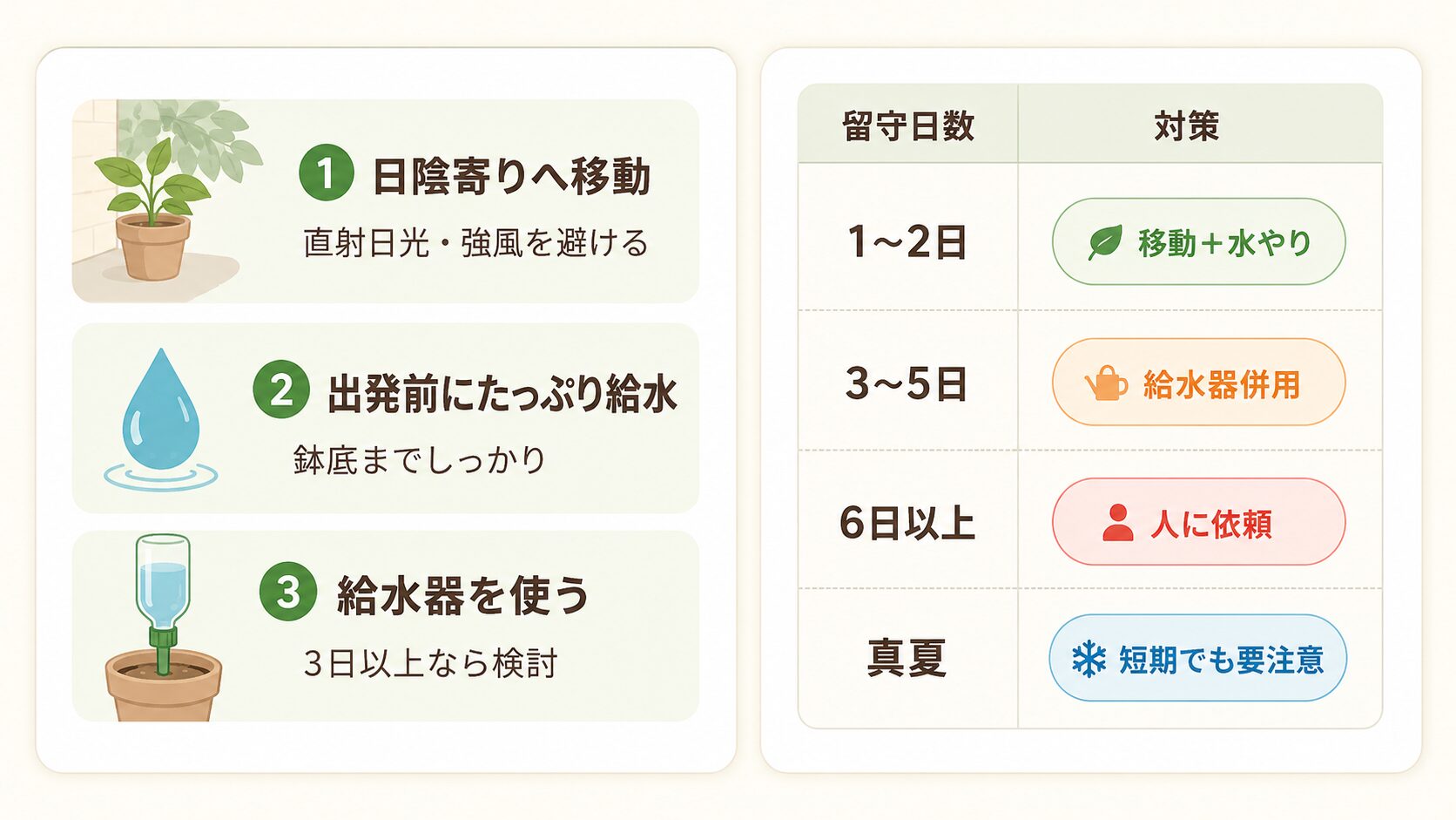 旅行前にやる家庭菜園の水やり対策3つと留守日数別の対策早見表