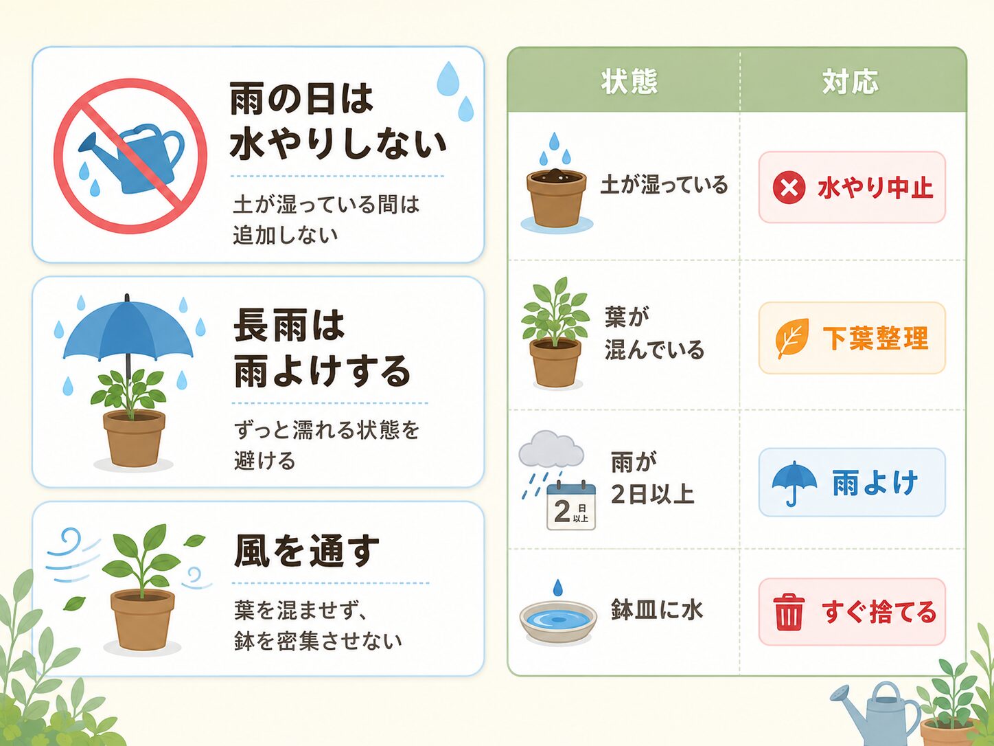 梅雨の家庭菜園で雨の日は水やりしない、長雨は雨よけする、風を通すことを示した初心者向け図解