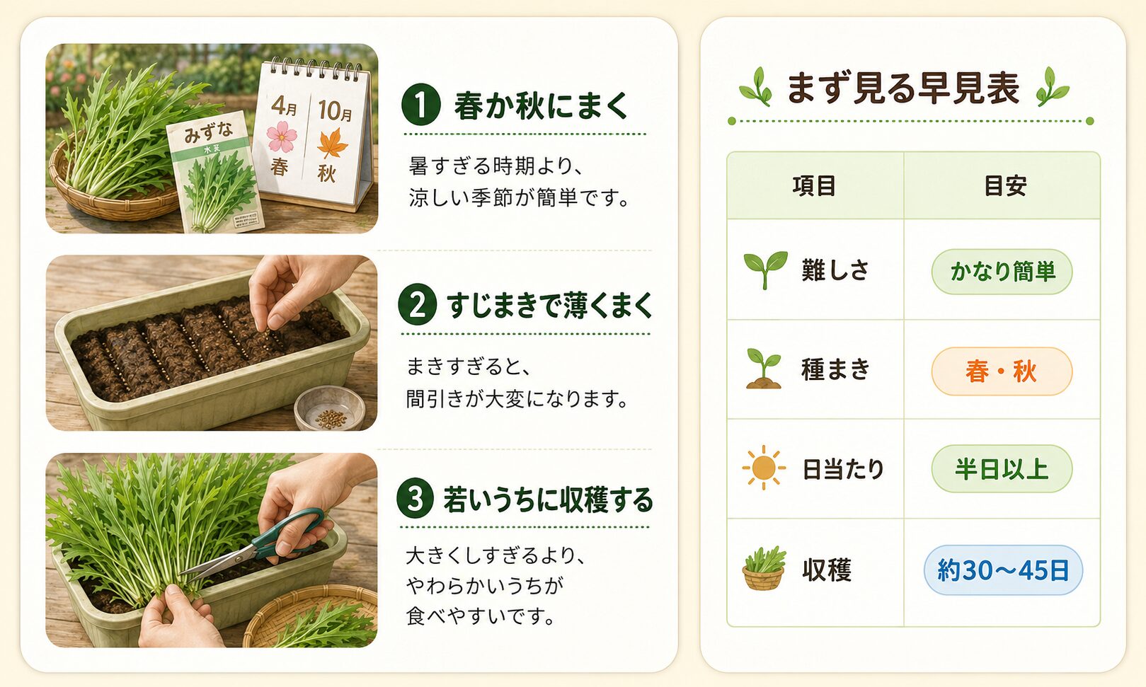水菜のプランター栽培で初心者が押さえるべき成功ルールの図解。春か秋にまく、すじまきで薄くまく、若いうちに収穫するポイントを示した画像。