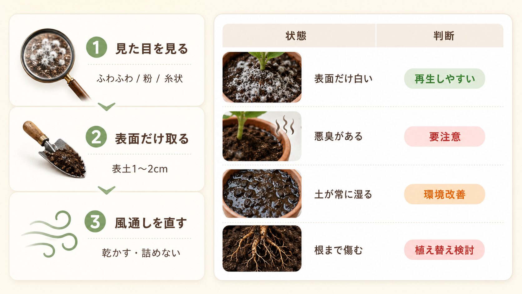 白いカビの判断早見表｜表面だけ白い・悪臭がある・土が湿る・根まで傷む場合の判断