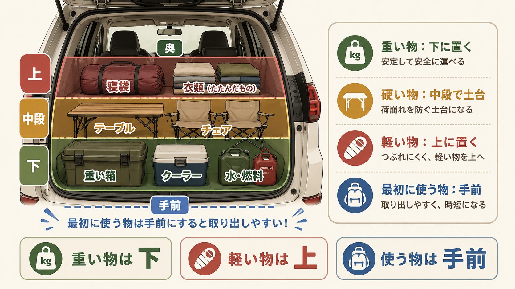 車のトランクを上から見た積み込み配置図。重い物、硬い物、軽い物、最初に使う物の置き場所を示した図解