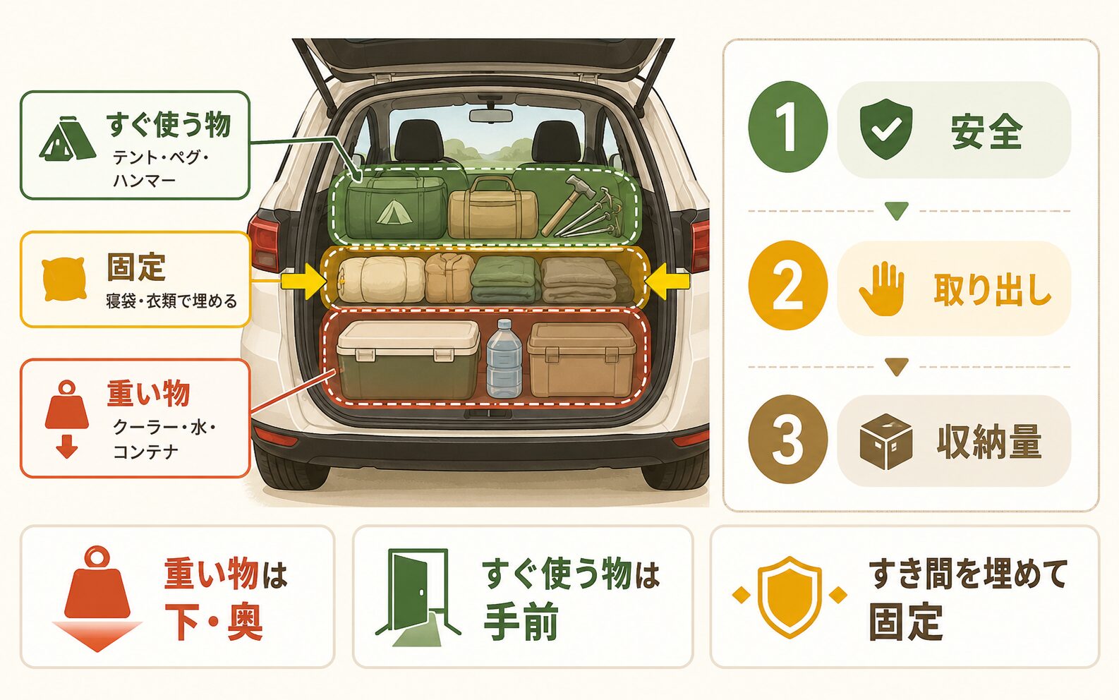 キャンプ初心者向けの車への積み込み方。重い物は下と奥、すぐ使う物は手前、すき間を埋めて固定することを示した図解