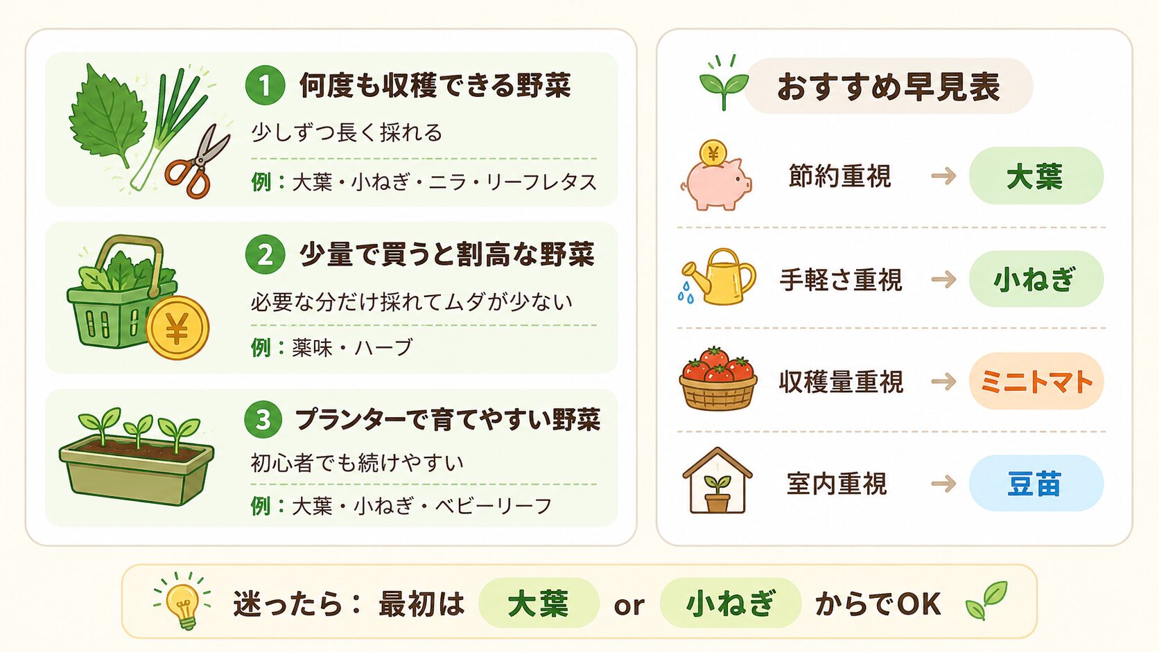 節約しやすい家庭菜園野菜の3タイプ。何度も収穫できる野菜、少量で買うと割高な野菜、プランターで育てやすい野菜を図解。