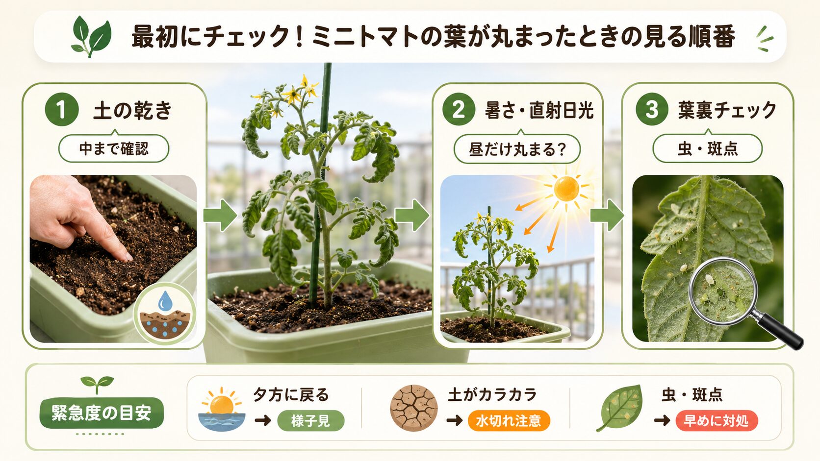 ミニトマトの葉が丸まった時に最初に確認する順番の図解