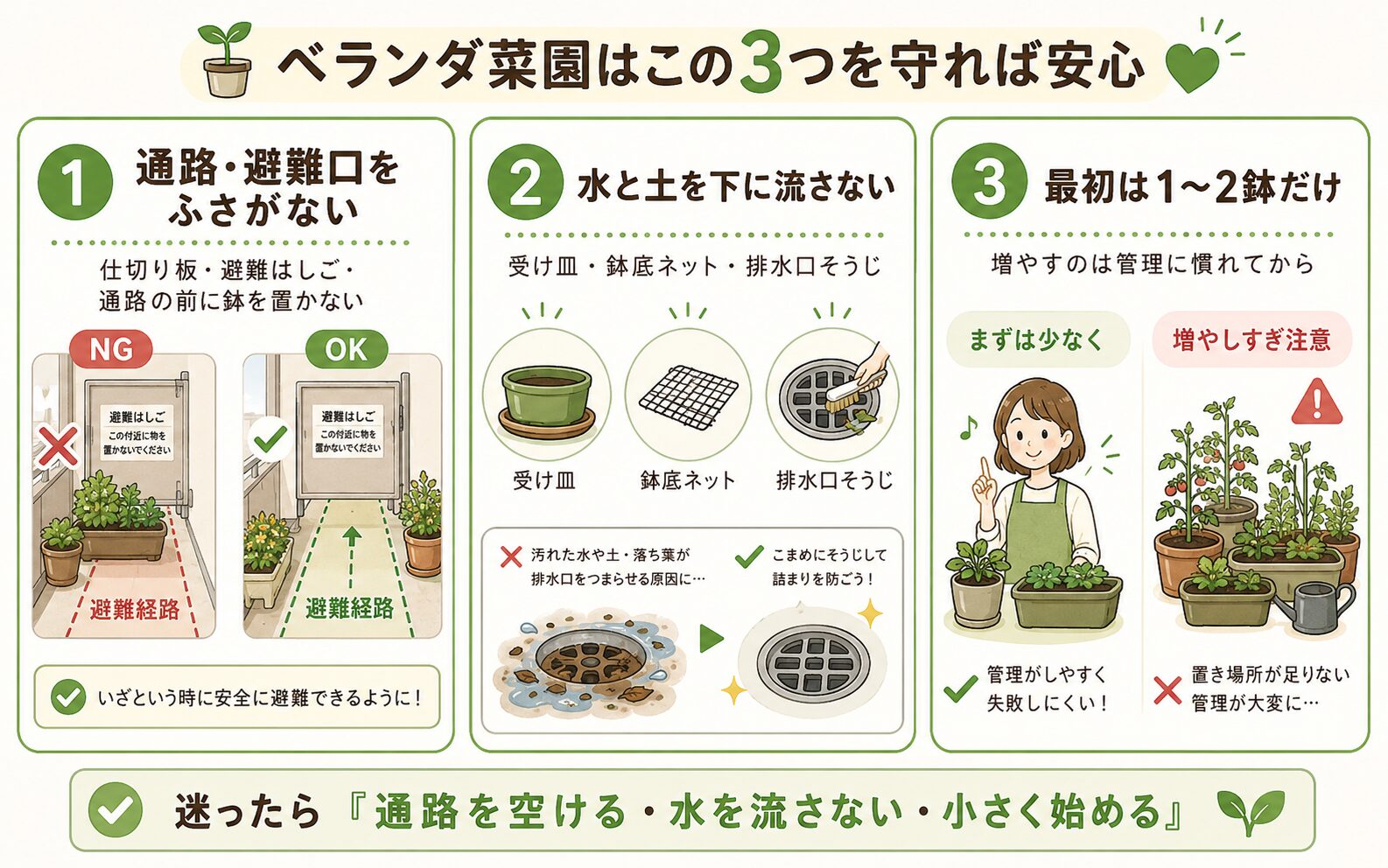 ベランダ菜園で近所迷惑を防ぐ3つの基本ルール。避難経路を空ける、水と土を流さない、最初は1〜2鉢から始めることを示した図解
