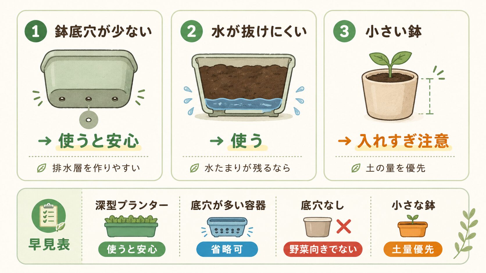 鉢底石を使うか判断する3つのポイントを示した初心者向け図解