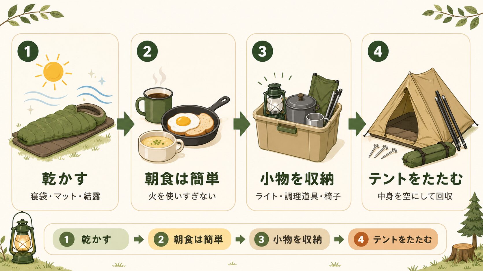 キャンプ撤収日の朝の流れ。乾かす、朝食は簡単、小物を収納、テントをたたむの4手順を示した図