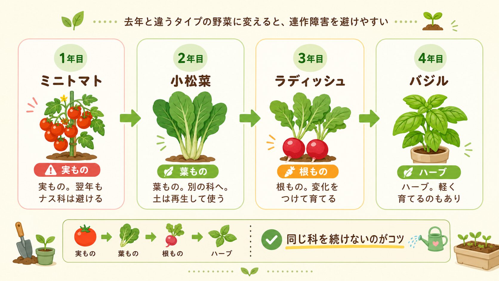 ミニトマト、小松菜、ラディッシュ、バジルの順で育てるローテーション例の図解