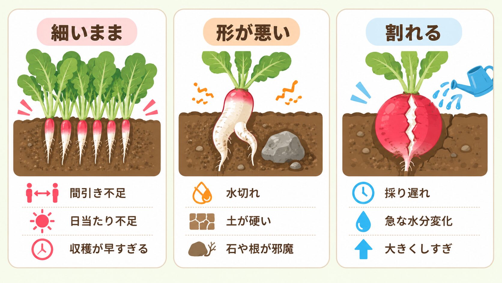 ラディッシュの根が丸くならない原因。細いまま、形が悪い、割れる原因をイラストで示した図解