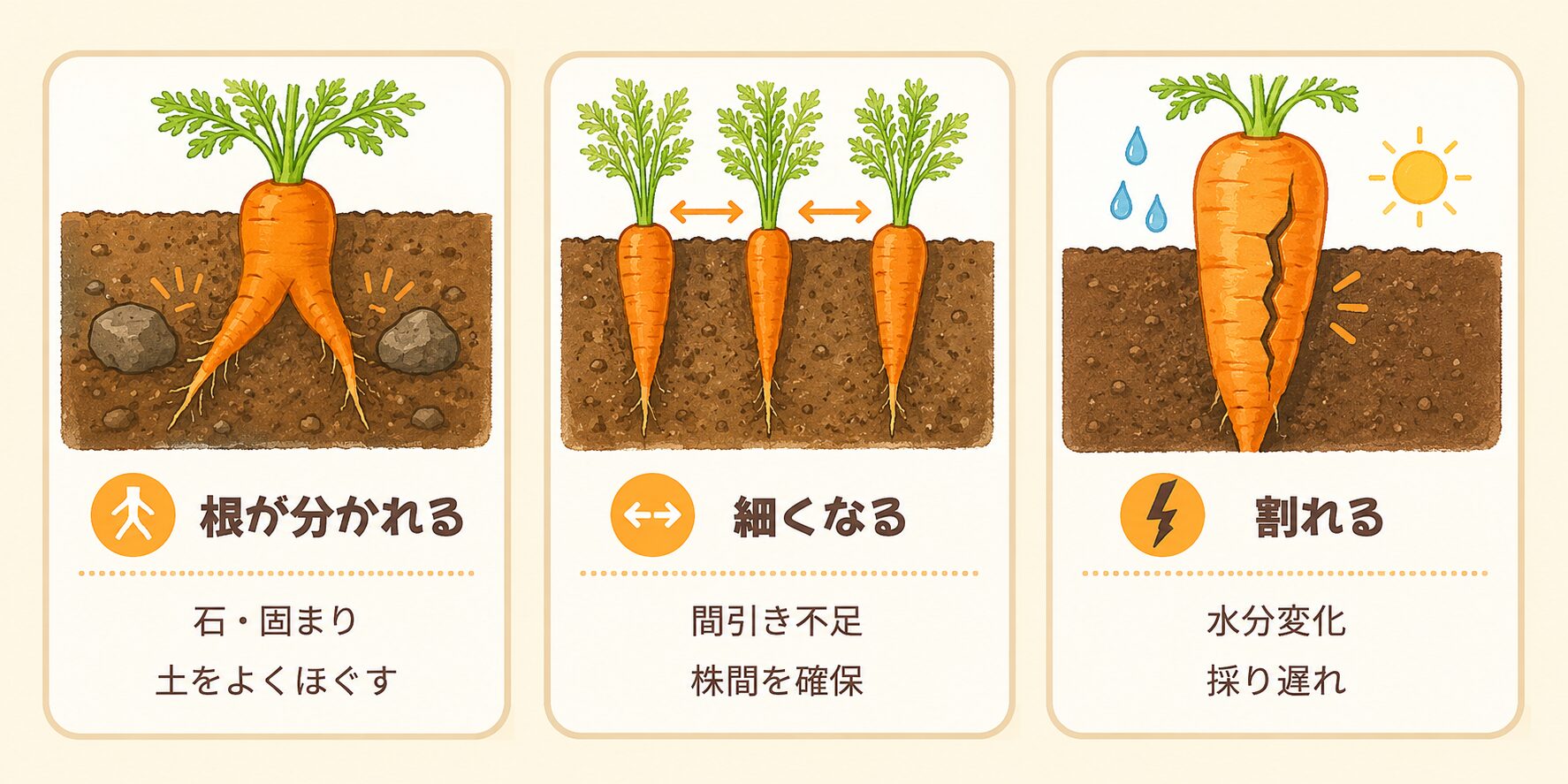 にんじんの根が分かれる、細くなる、割れる原因