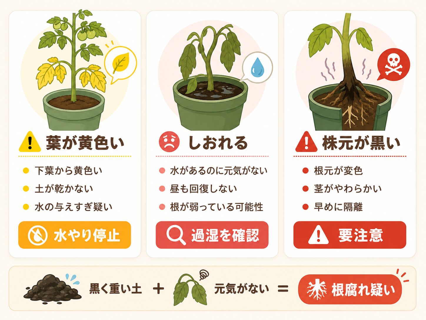根腐れのサインとして葉が黄色い、しおれる、株元が黒い症状を示した図解