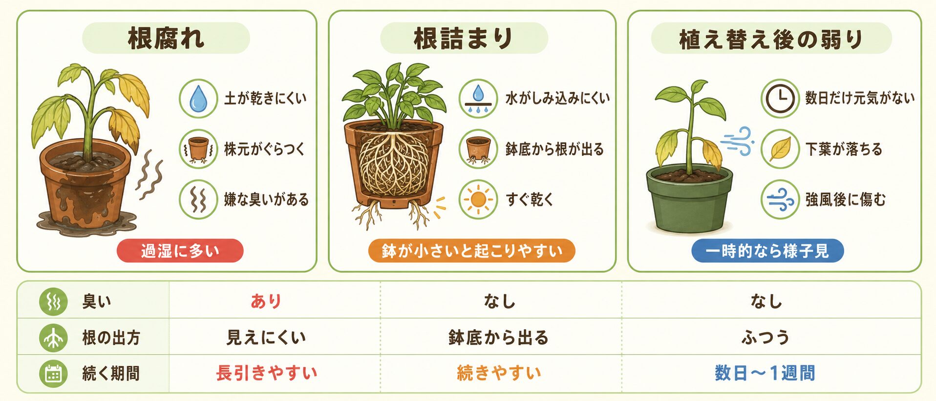 根腐れ・根詰まり・植え替え後の弱りを見分ける図解