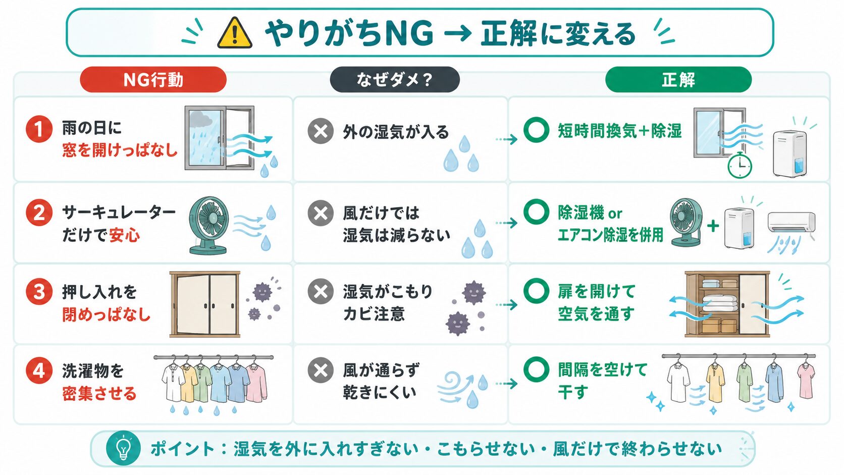 雨の日に窓を開けっぱなし、サーキュレーターだけで安心、押し入れを閉めっぱなし、洗濯物を密集させるNG行動と正解を示した図解