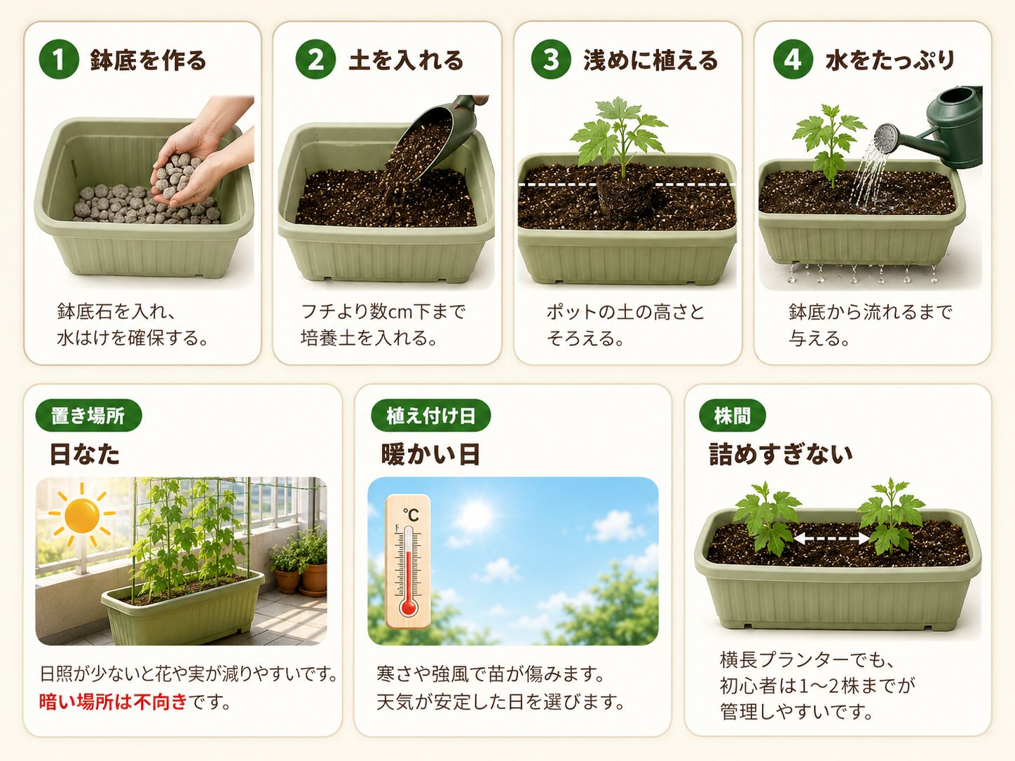 ゴーヤ苗の植え付け手順を鉢底作り・土入れ・浅植え・水やりの順番で示した図解