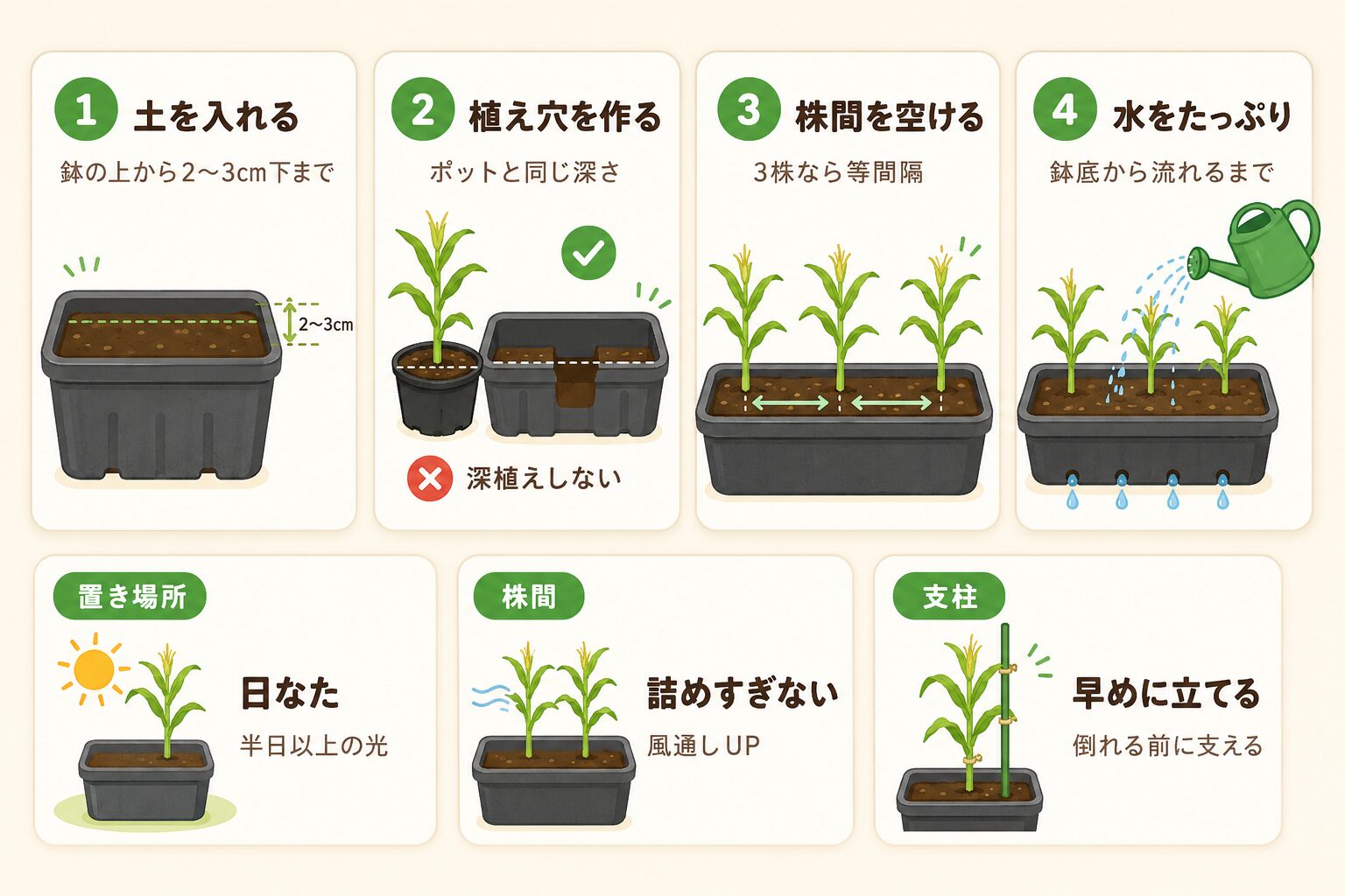 とうもろこし苗の植え付け手順と置き場所・株間・支柱の図解
