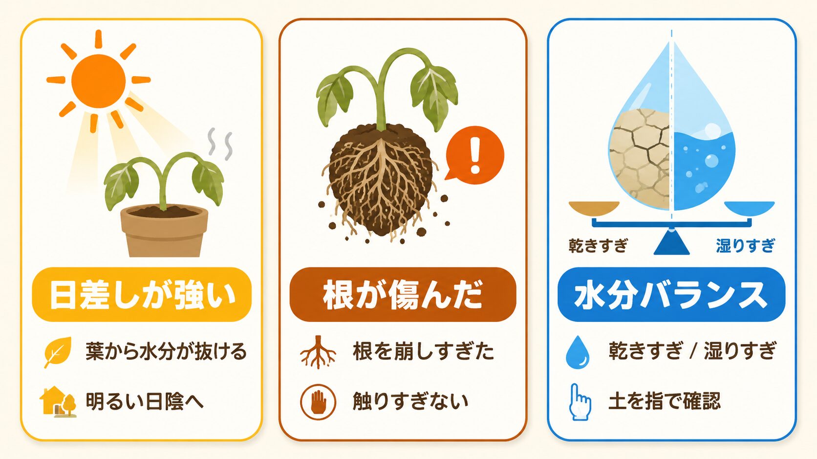 植え替え後にしおれる原因を日差し・根の傷み・水分バランスで示した図解