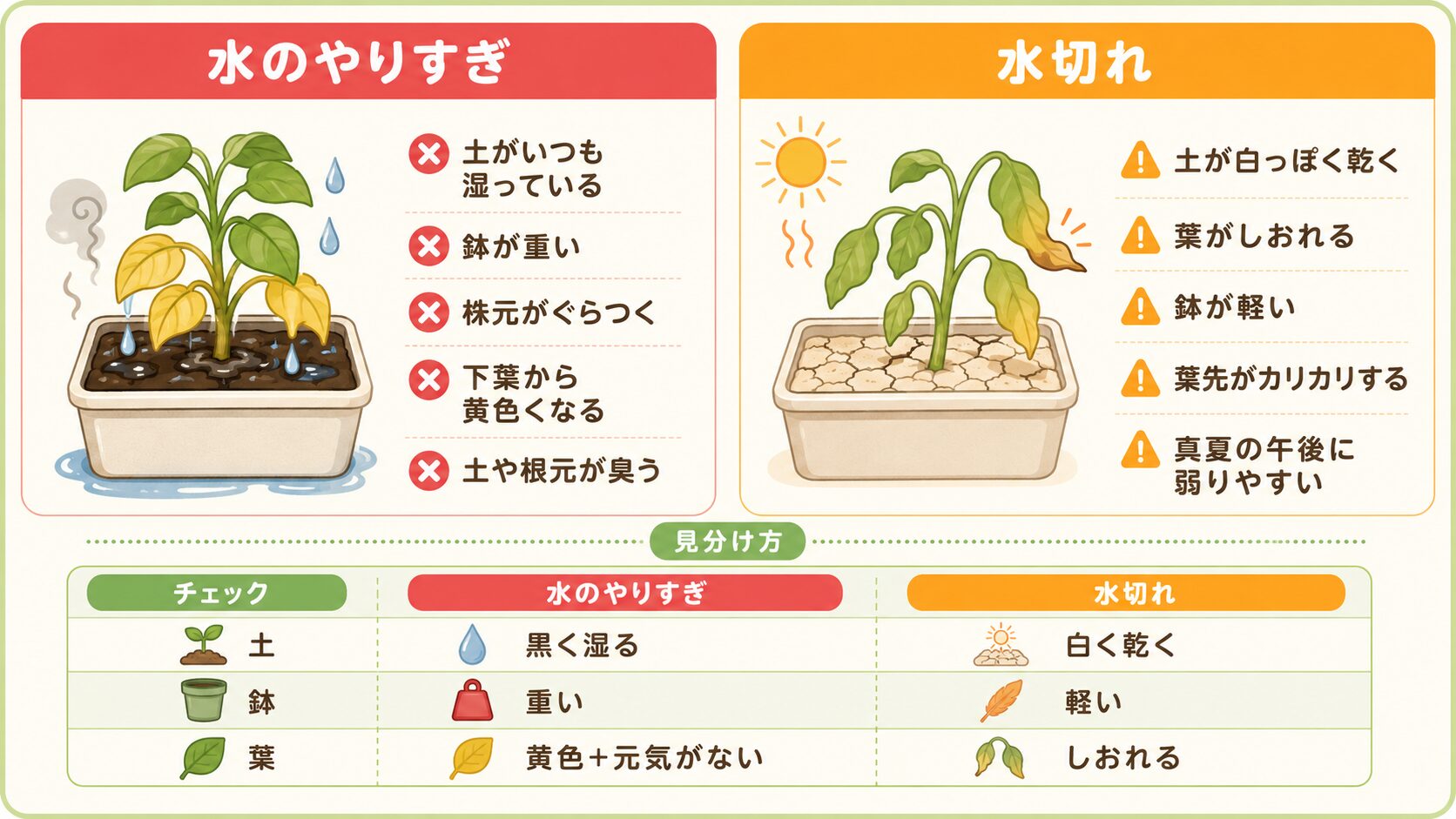 水のやりすぎと水切れによる黄色い葉の違いを比較した図解