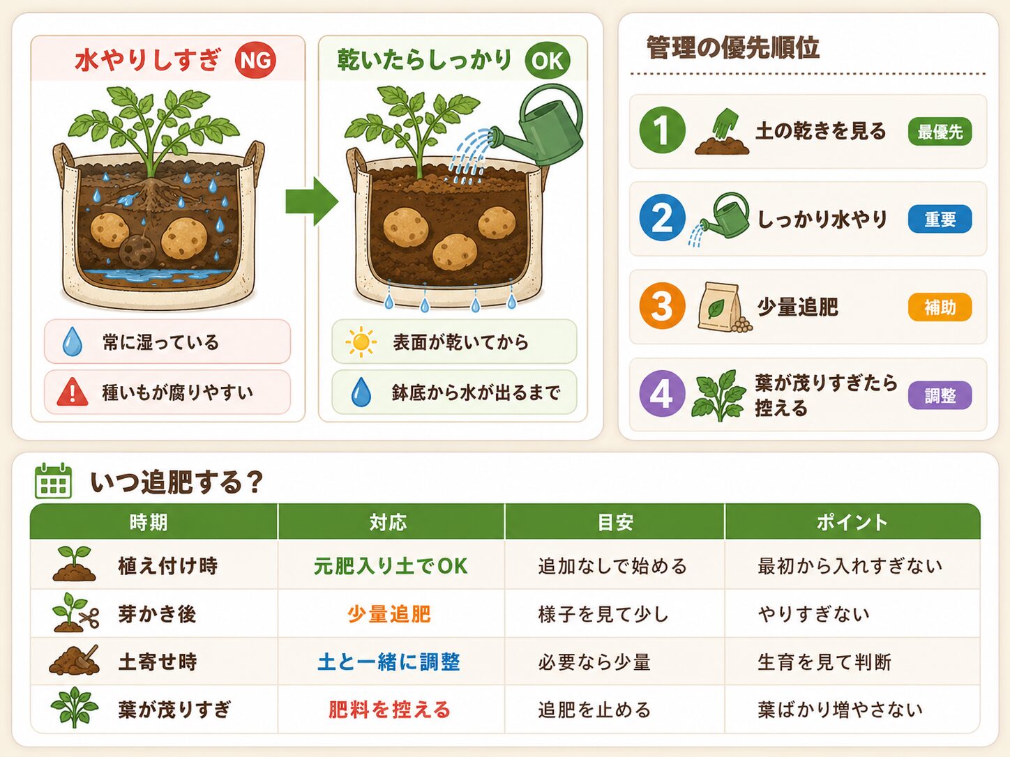 じゃがいもの水やりと肥料管理。水のやりすぎを避け、土が乾いてからしっかり水やりする方法と追肥の目安を示した図解