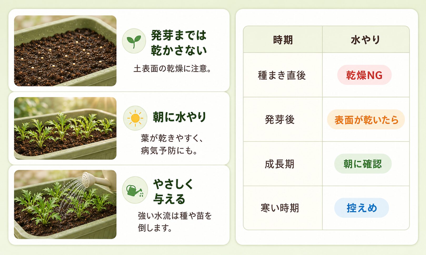 水菜の水やりの目安を示した図解。発芽までは乾かさない、朝に水やり、やさしく与える、時期別の水やり目安。