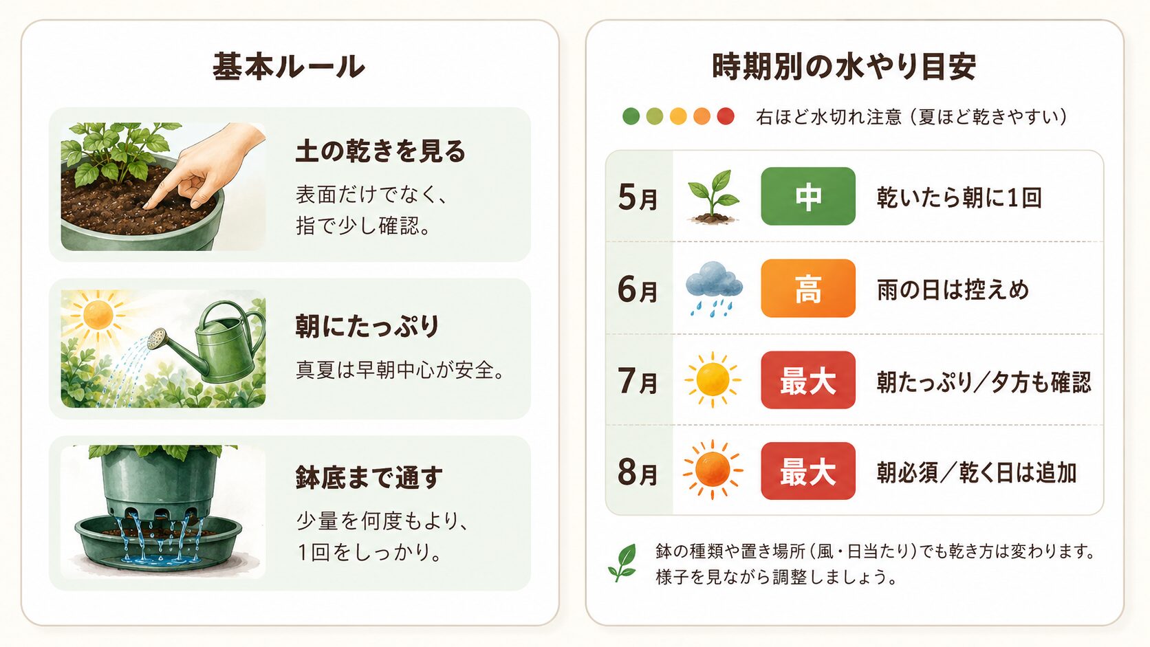 ゴーヤの水やり基本ルールと5月から8月までの時期別水やり目安を示した図解