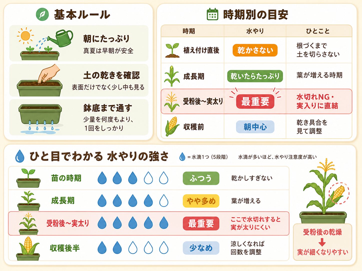 とうもろこしの水やり時期と水切れ注意度の図解