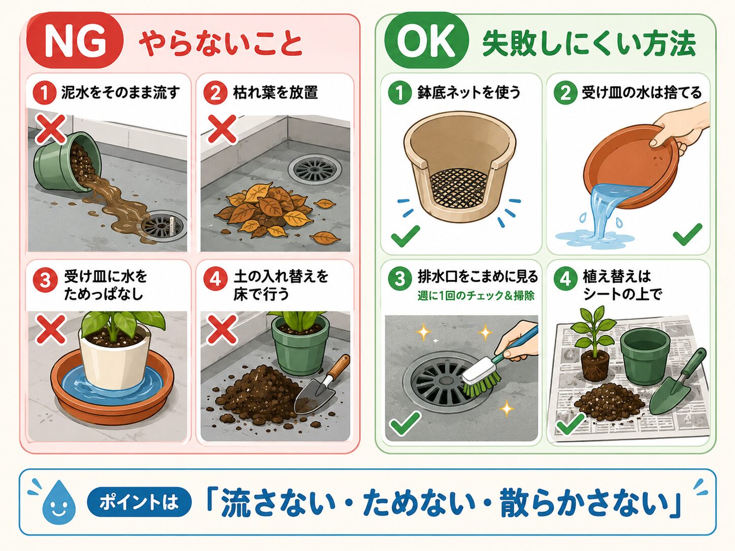 ベランダ菜園の水漏れと排水口詰まりを防ぐ方法。泥水を流さない、枯れ葉を放置しない、受け皿の水を捨てる、鉢底ネットを使う図解