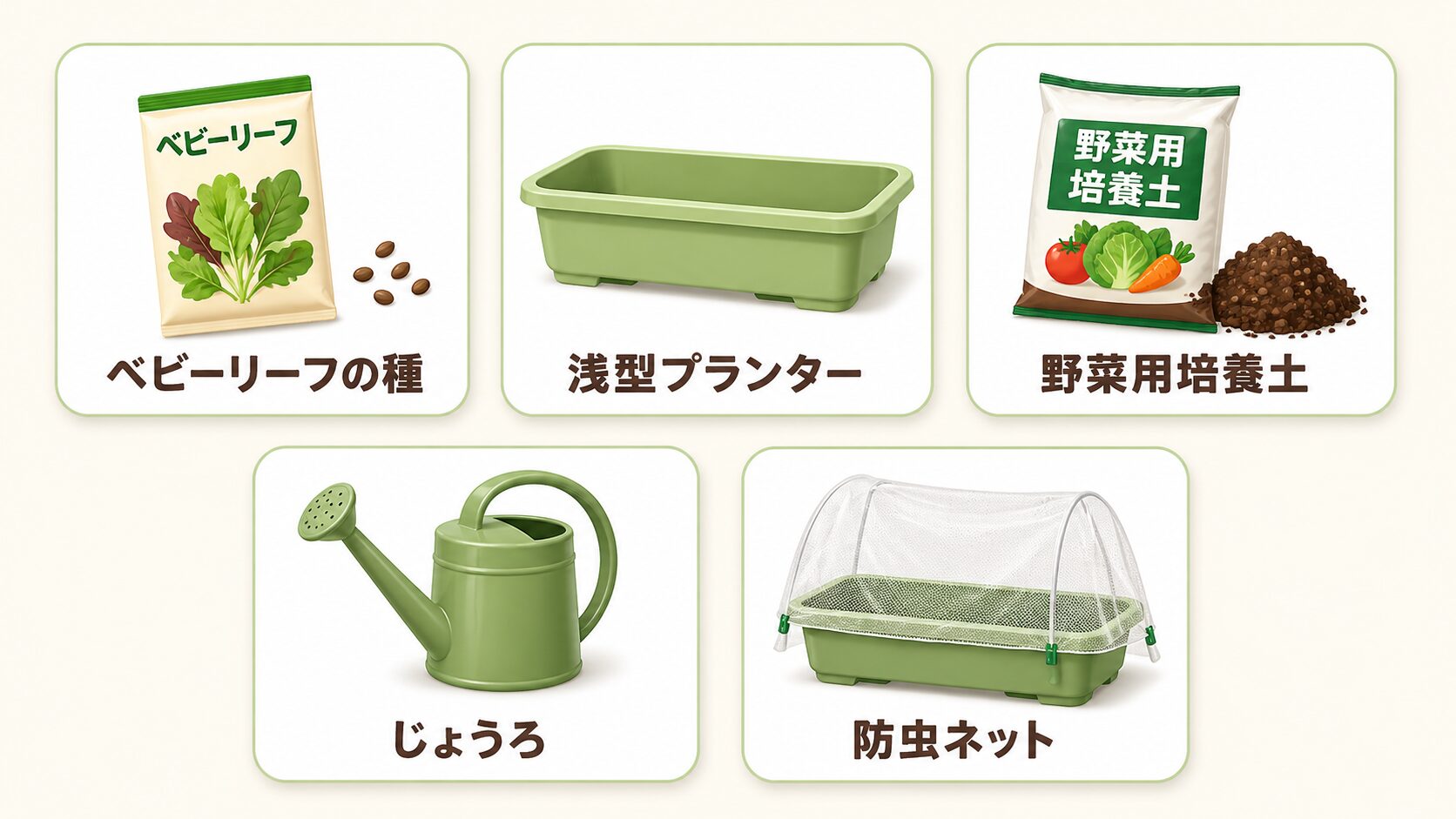 ベビーリーフ栽培に必要な種・浅型プランター・野菜用培養土・じょうろ・防虫ネットの図解