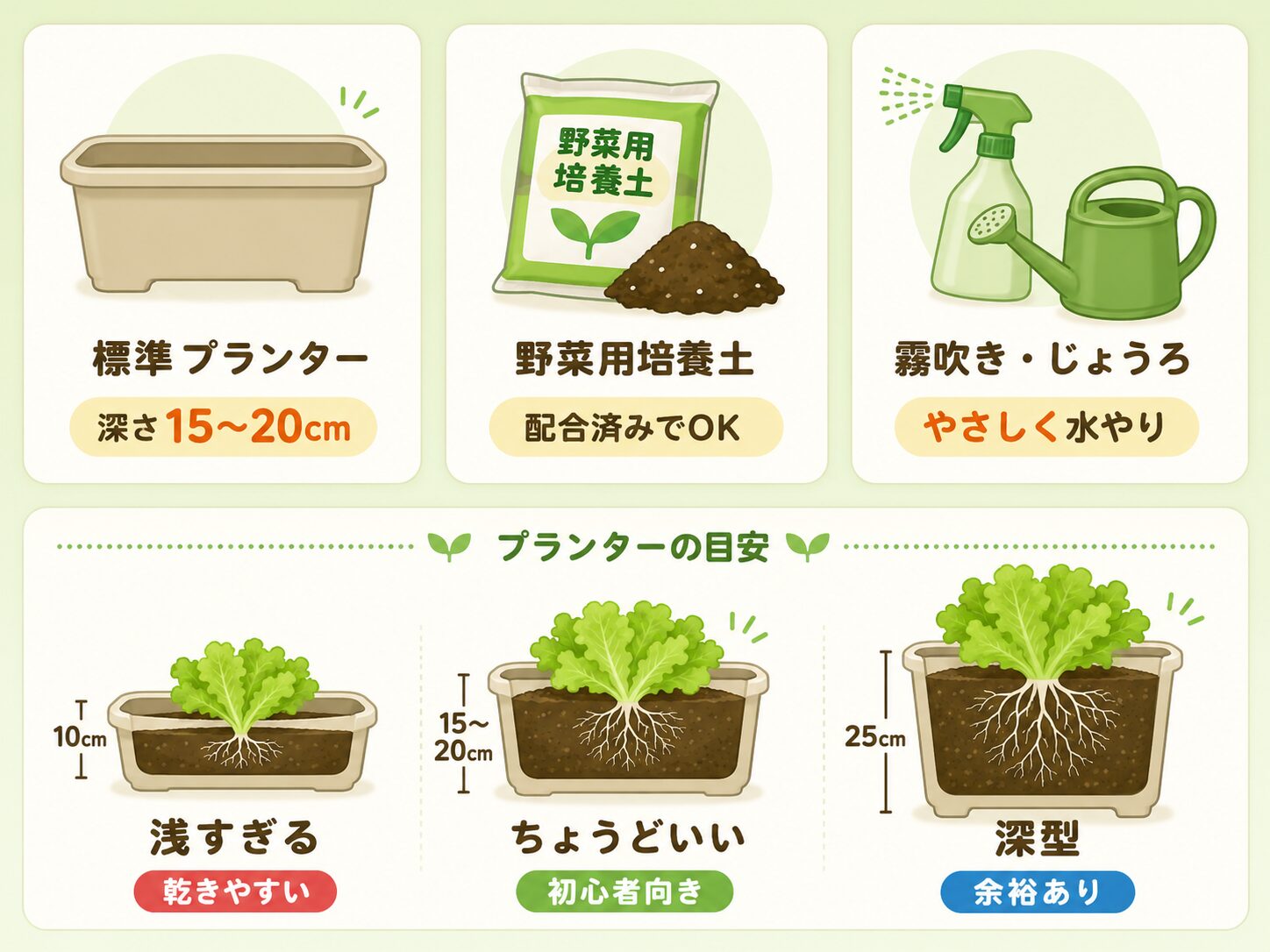 リーフレタスのプランター栽培で準備するものとプランターサイズの目安