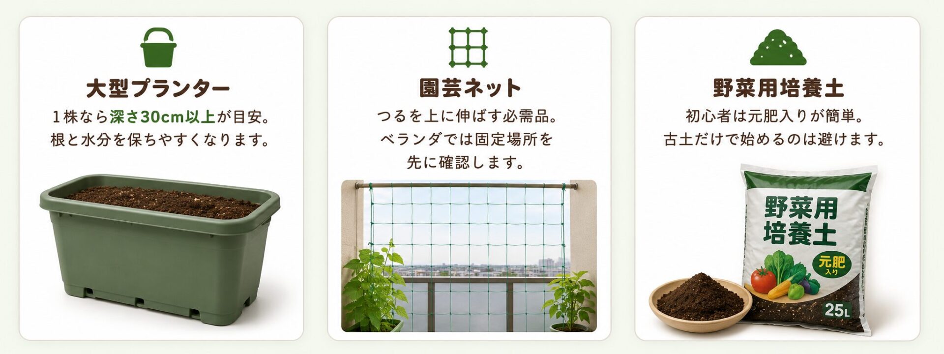 ゴーヤのプランター栽培に必要な大型プランター・園芸ネット・野菜用培養土を示した図解