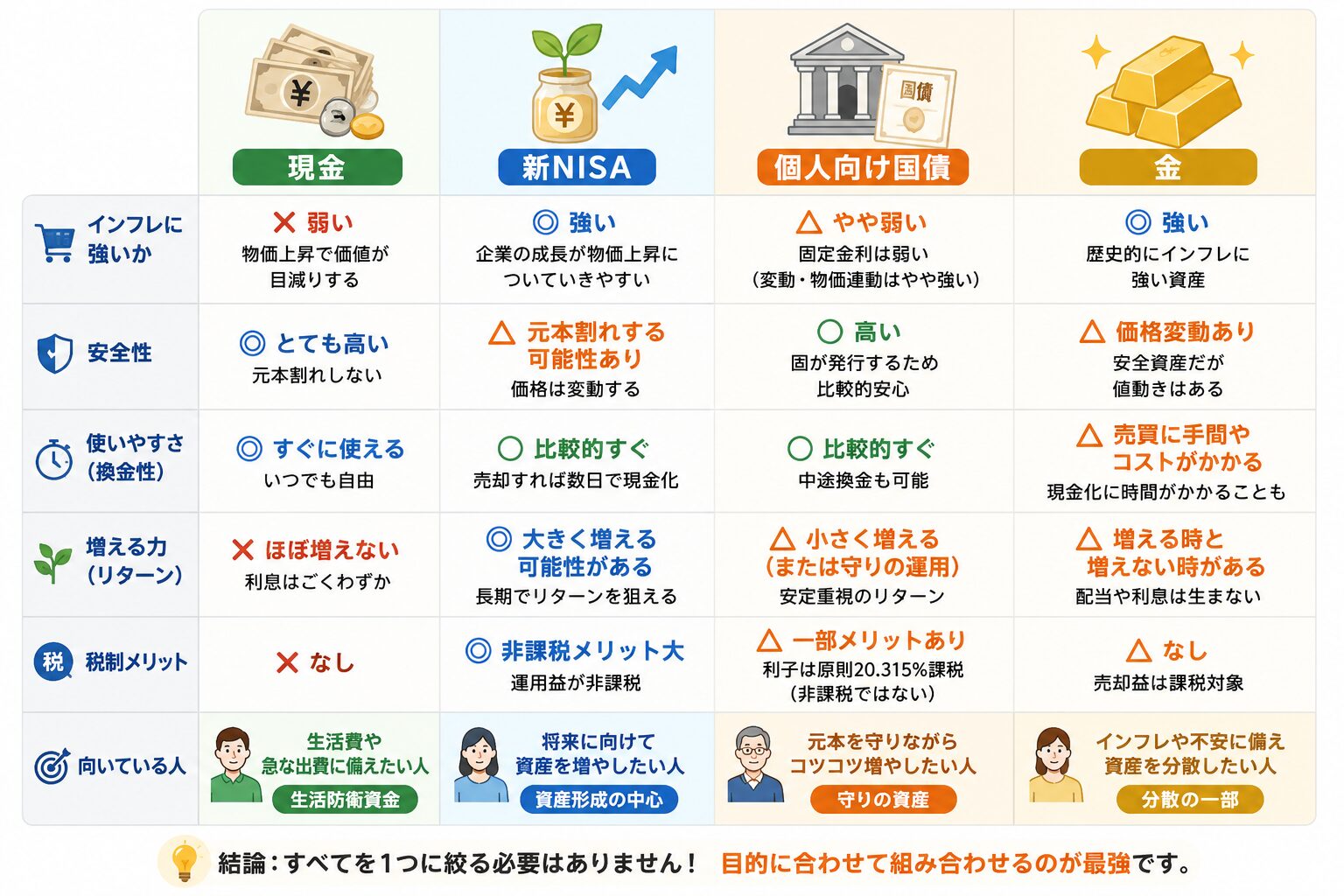 現金・新NISA・個人向け国債・金の違いを比較した図解。インフレ耐性、安全性、使いやすさ、増える力、向いている人を整理