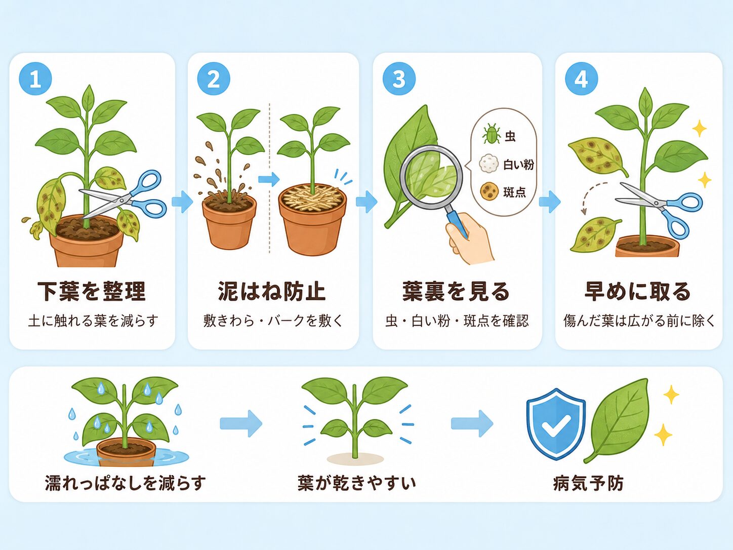 梅雨の病気予防として下葉整理、泥はね防止、葉裏チェック、傷んだ葉の除去を示した図解