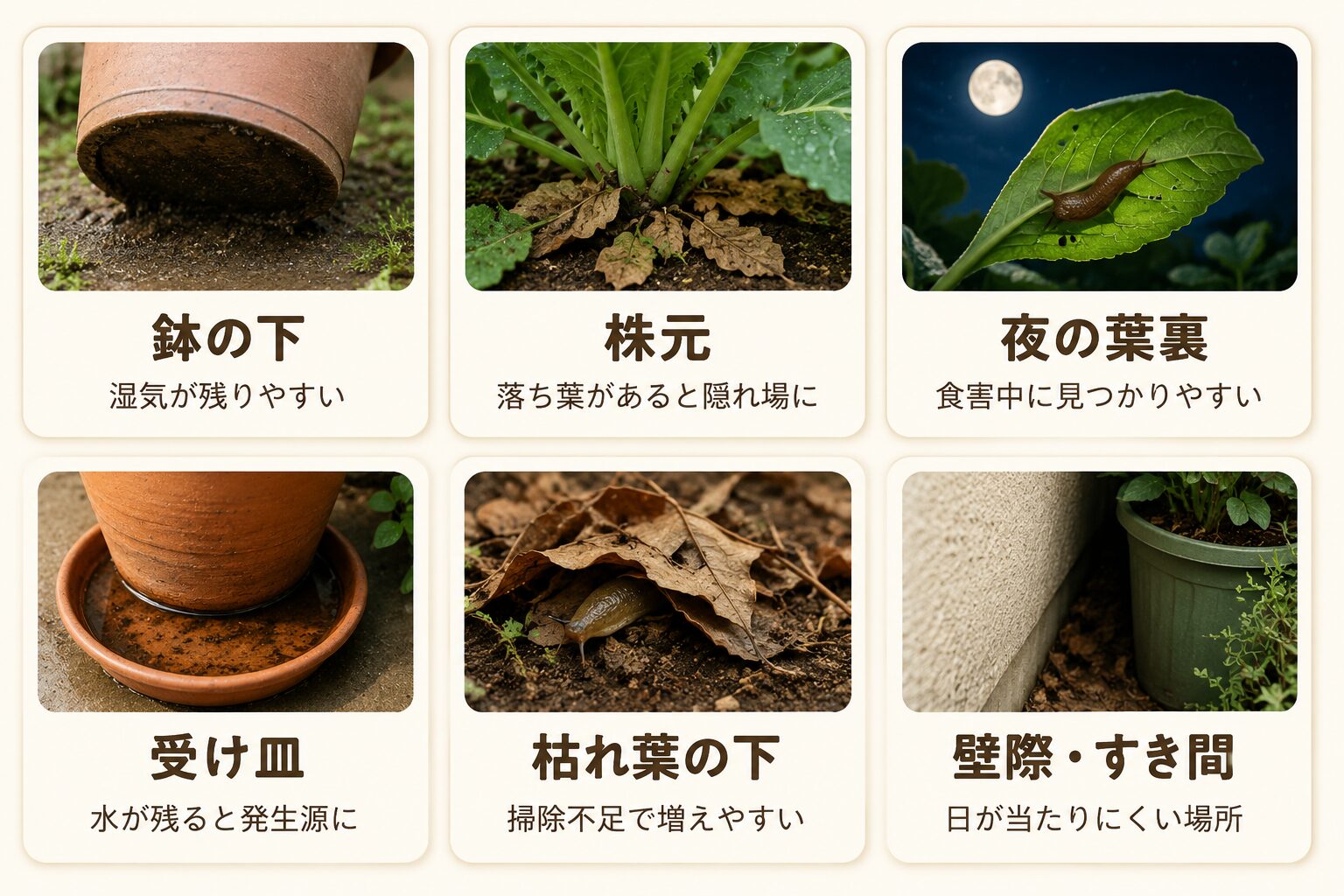 ナメクジが隠れやすい場所。鉢の下、株元、夜の葉裏、受け皿、枯れ葉の下、壁際やすき間を示した図解