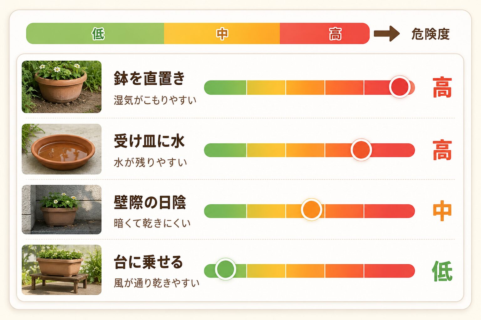 ナメクジ発生リスクの比較図。鉢の直置き、受け皿の水、壁際の日陰、台に乗せる場合の危険度を示したグラフ
