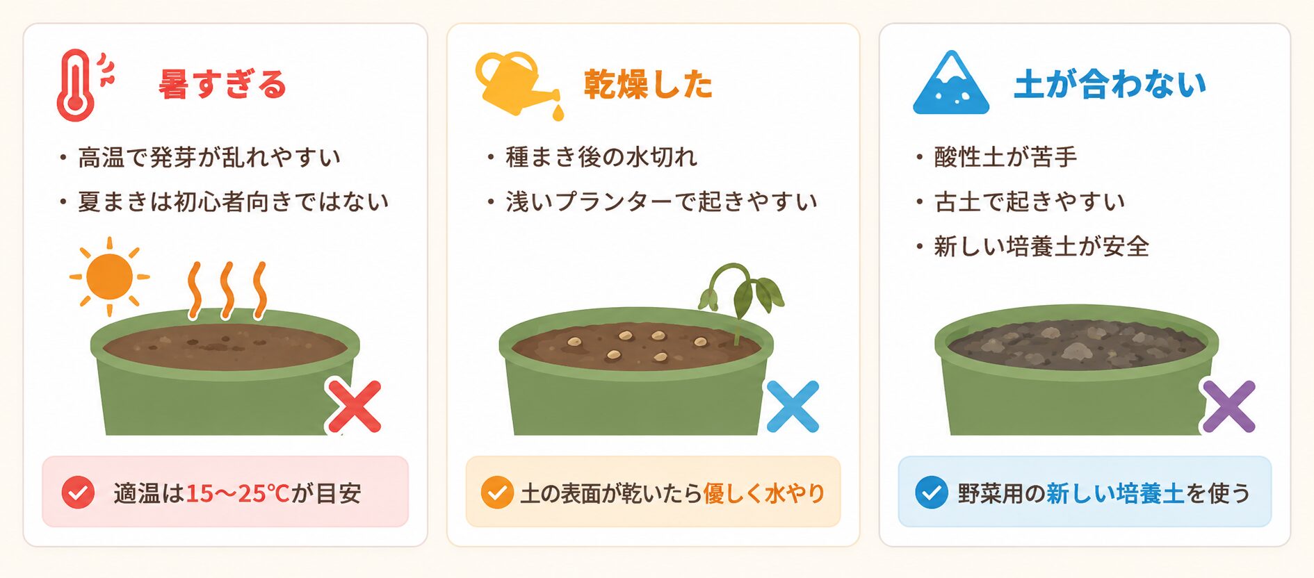 ほうれん草が発芽しない原因。暑すぎる、乾燥した、土が合わない原因と対策をまとめた図解