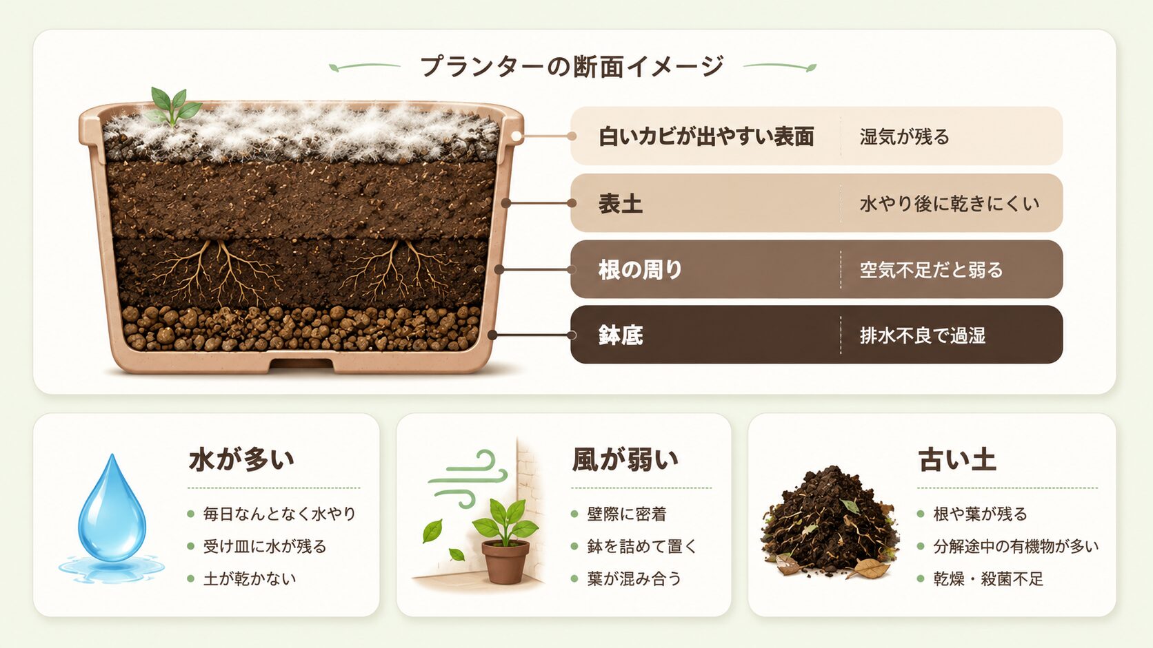 白いカビが出やすいプランターの土の状態と原因