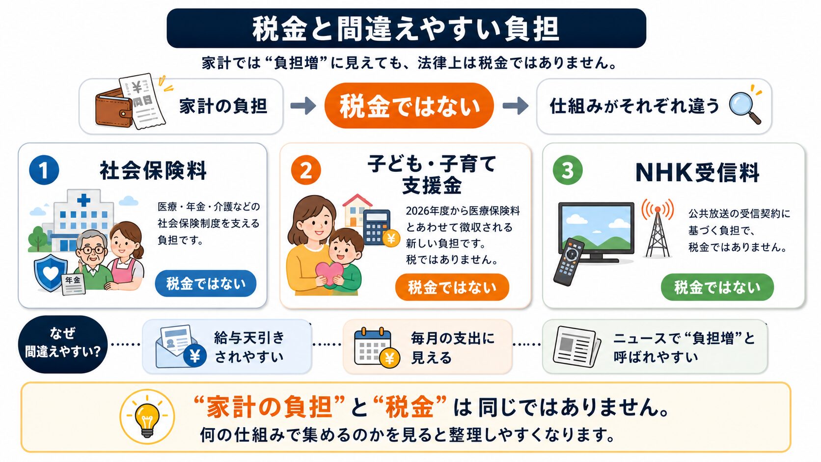 社会保険料、子ども・子育て支援金、NHK受信料は家計の負担に見えやすいが税金ではないことを説明した図
