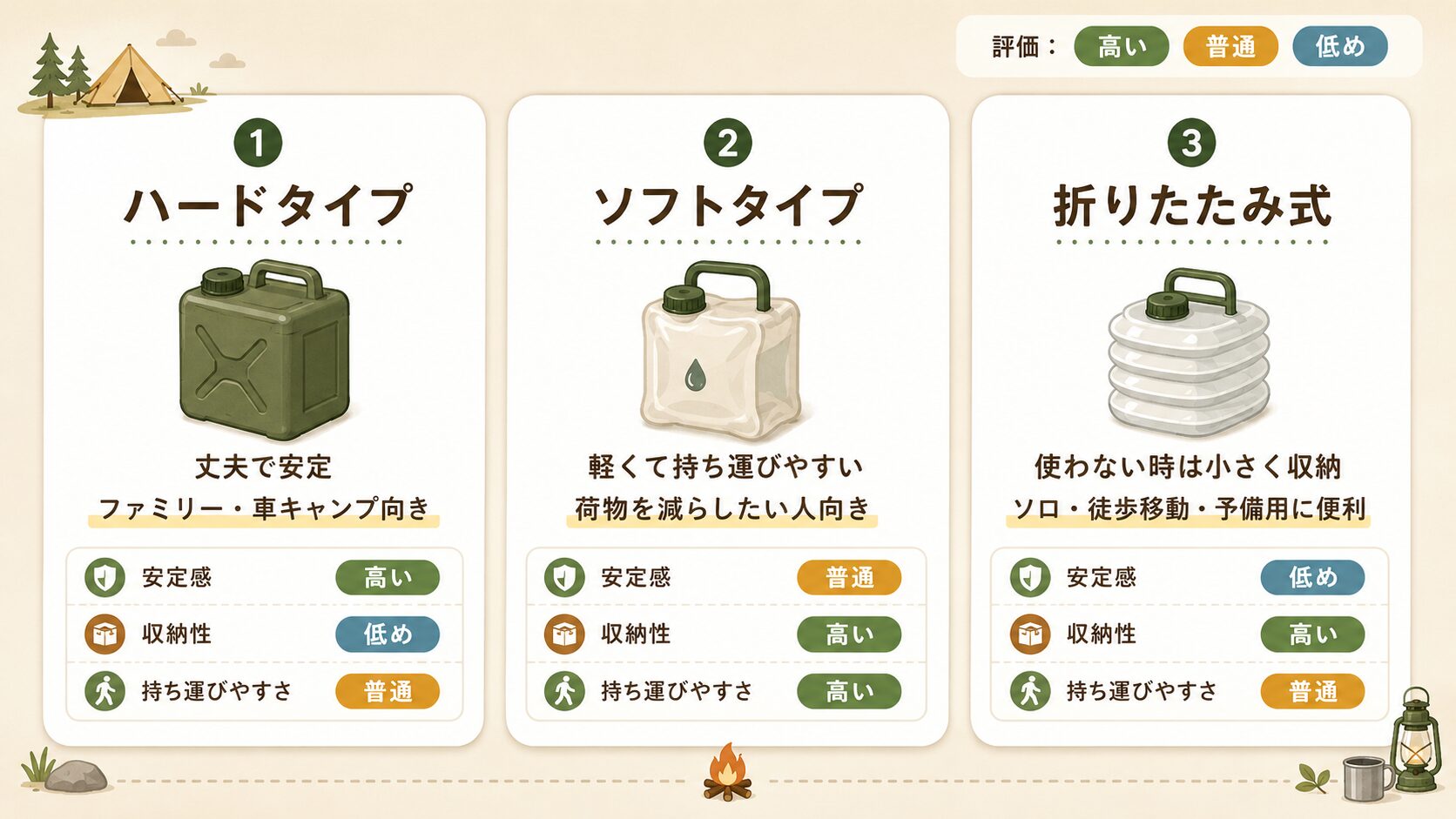 ハードタイプ・ソフトタイプ・折りたたみ式の水タンクの違いを安定感・収納性・持ち運びやすさで比較した表