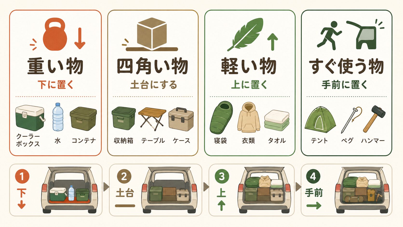 キャンプ荷物を重い物、四角い物、軽い物、すぐ使う物の4種類に分ける図解