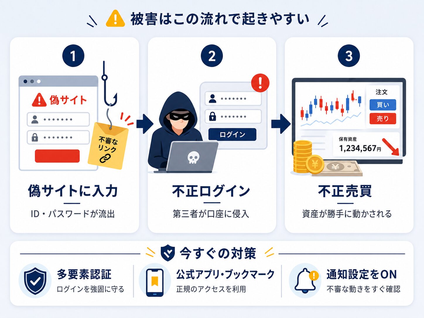 証券口座の乗っ取りは起きてからでは遅く、偽サイト入力、不正ログイン、不正売買へつながる流れを示す図解