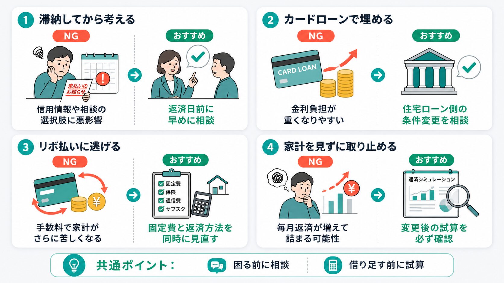 住宅ローンのボーナス払いがきつい時に避けたいNG行動と代わりにやるべきことを比較した図解