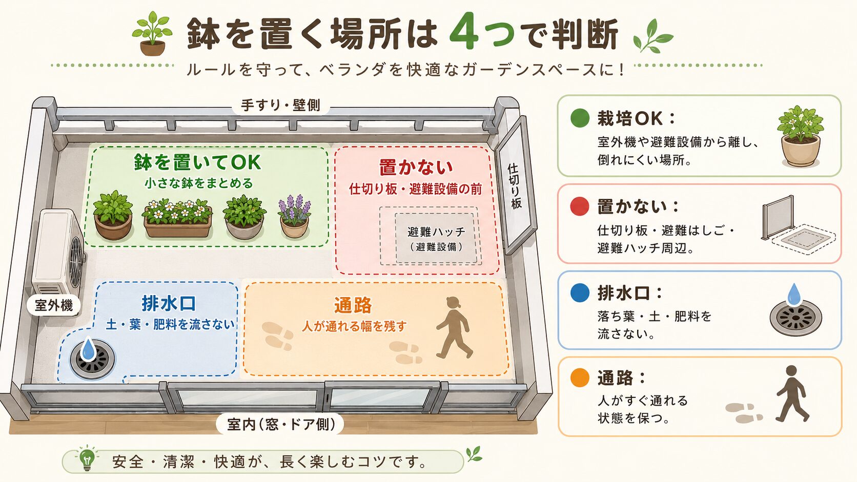 ベランダで鉢を置いてよい場所と置いてはいけない場所。栽培OKゾーン、避難設備前、排水口、通路を色分けした図解